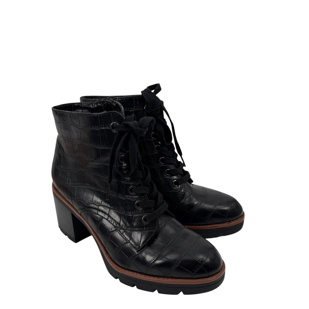 Naturalizer Madalynn Boot Women 9W Black Croc‎ Lace Up Side Zip Block Heel